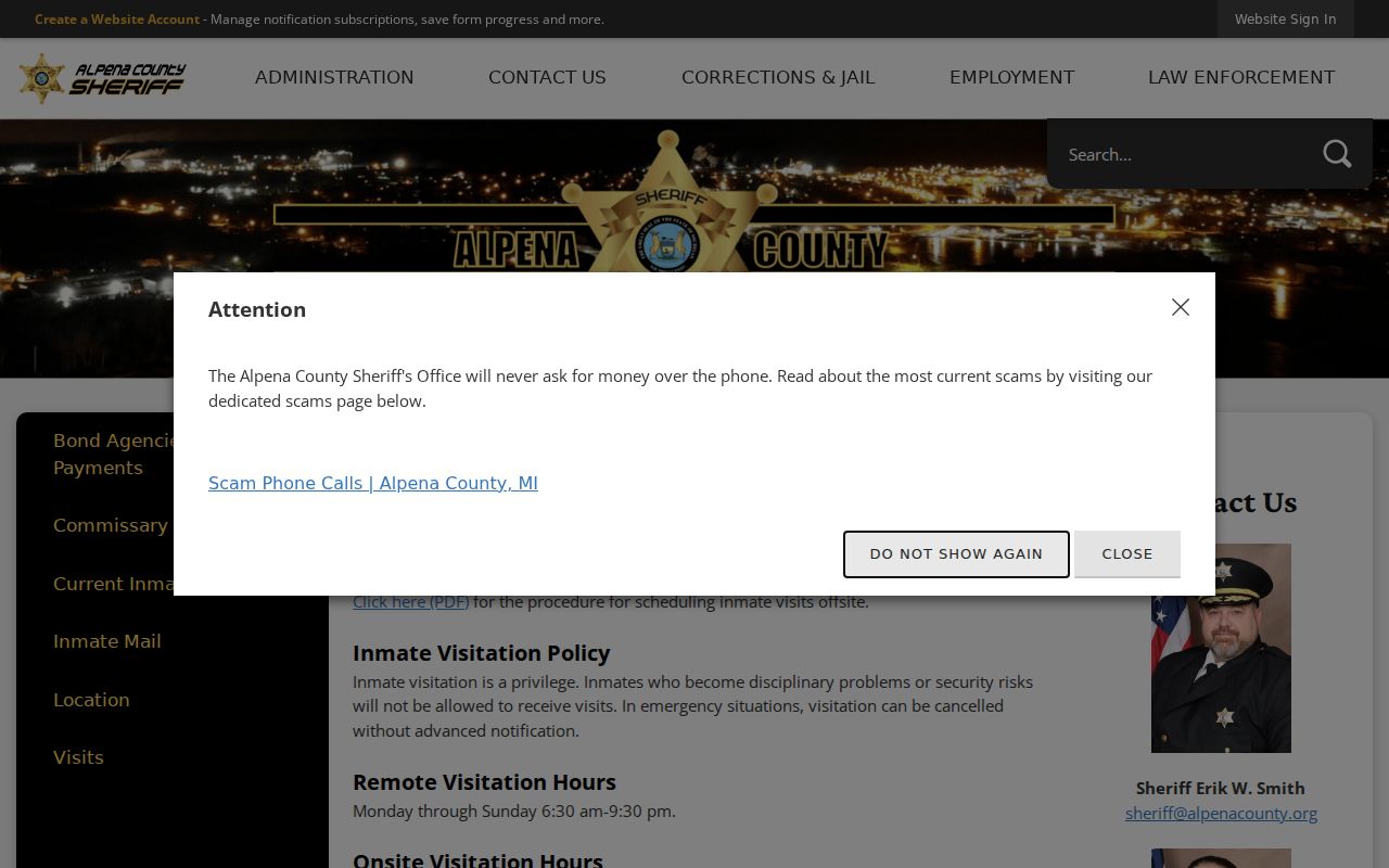 Alpena County arrest history inmate visitation rules