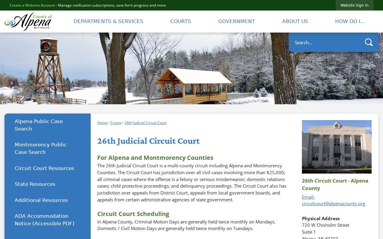 Alpena County 26th Judicial Circuit Court information page