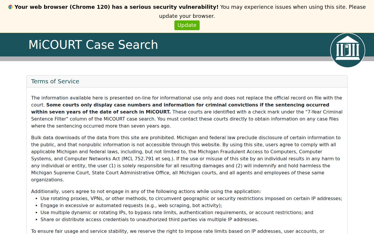 MiCOURT public case search interface used for Alpena County court calendars