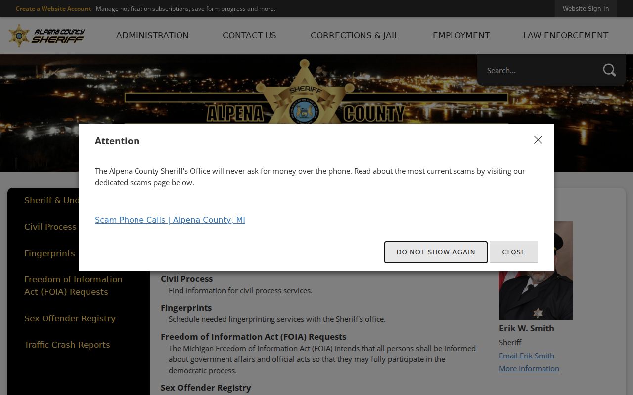 Alpena County criminal records sheriff administration services