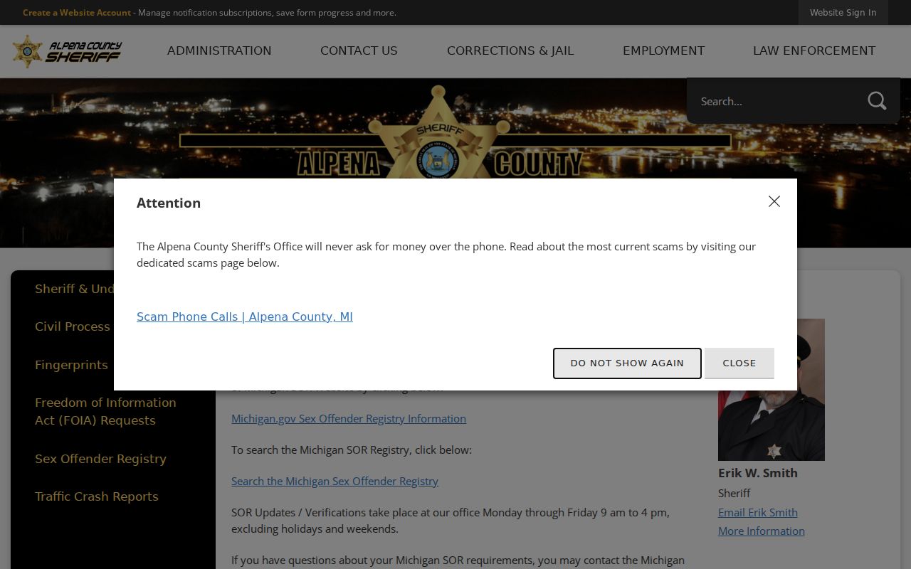 Alpena County Sheriff sex offender registry services page